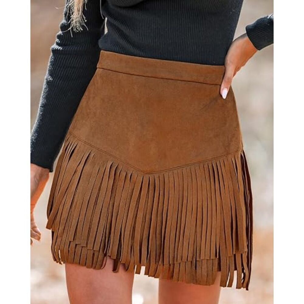 Cupshe Brown Faux Suede Fringe Mini Skirt Large Festival Cowgirl Western New